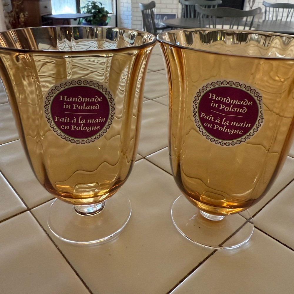 NWT- Set of 2,vintage handmade in Poland, Amber goblet glasses.